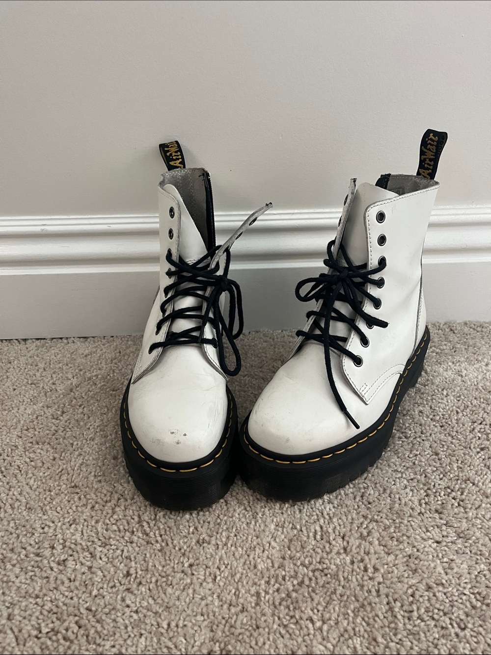 Dr. Martens White Platform Lace-Up Boots with Black Sole